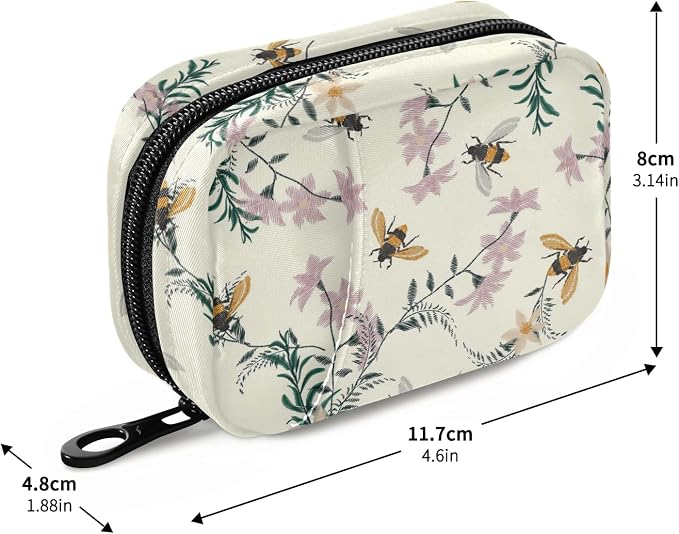 Floral Honey Bee Pill Box 7 Day Pill Case Travel Pill Organizer Bag with Zipper Portable Weekly Case Compact Size for Vitamin Supplement Holder