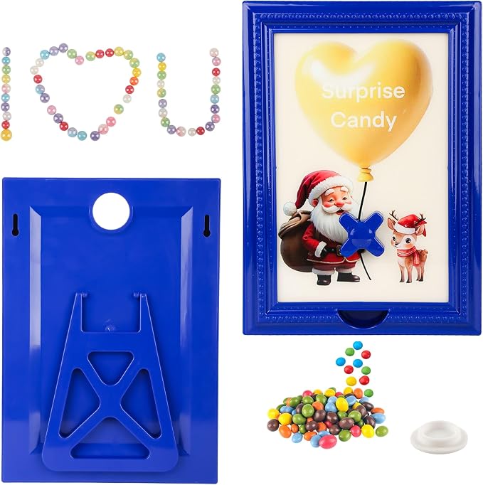 Candy Dispenser Picture Frame, Wall-Mount & Tabletop Gumball Machine with Multiple Designs for Candy, Nuts, Treats, Interactive Home and Office Decor (Santa Claus & Deer, Blue)