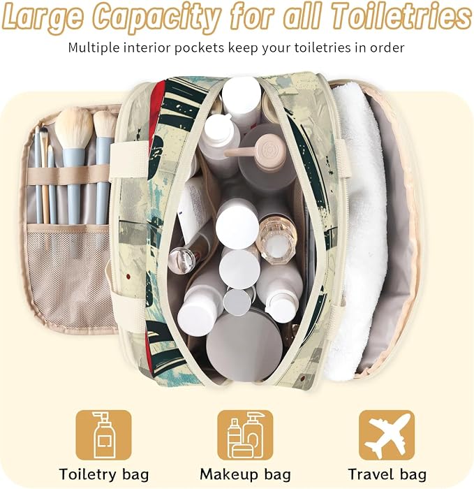 Old Red Truck Car Travel Toiletry Bag with Handle | Wet & Dry Separation, Full-Size Bottle Friendly, Leak-Proof, Waterproof, Easy to Clean, for Travel, Gym, Home