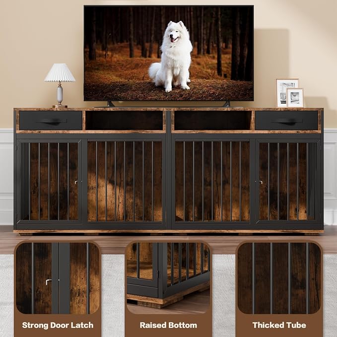 Corner Dog Crate Furniture,67" Metal Frame L Shaped Furniture-Style Double Dog Kennel for 2 Dogs with Divider and 2 Fabric Drawers Side Table Indoor,Rustic Brown