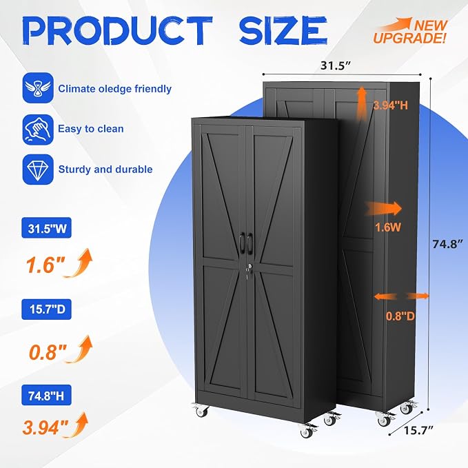 GAIOUS 74.8" Tall Metal Storage Cabinet with Lock and Wheels, File Cabinet | for Home Office, Garage Storage Cabinets with 2 Door and 5 Adjustable Shelves, Rolling Tool Cabinet, Utility Cabinet, Black