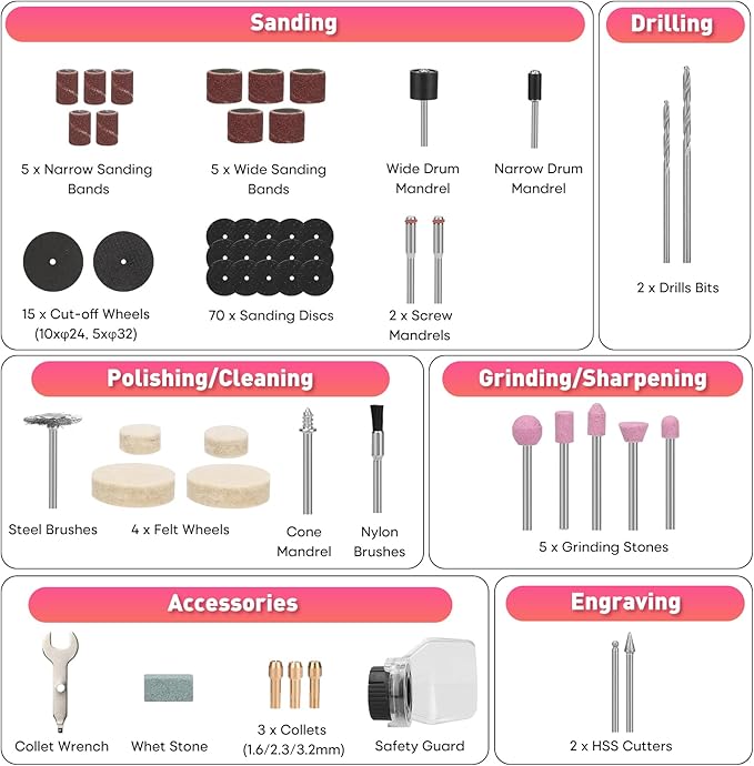 SHALL 8V Cordless Rotary Tool Kit, Pink Lightweight 2.5 Ah Battery Rechargeable Rotary Tool w/ 121 Accessories, 5-Speed Power Rotary Tool for Sanding, Carving, Polishing, Engraving, Pet Grooming