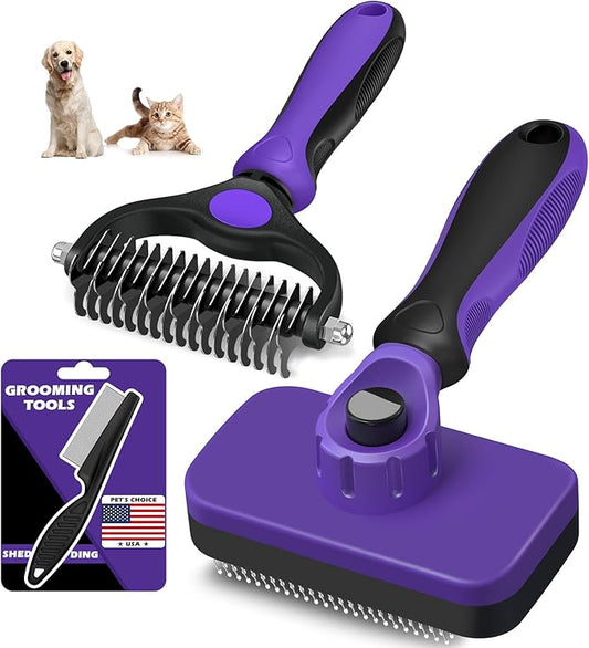 3PCS Self Cleaning Slicker Brush & Pet Grooming Rake & Flea Comb for Dogs,Cats and Horses | Double-Sided Dematting Comb & Skin Friendly Deshedding Grooming Tool | Premium Pet Supplies (Purple)