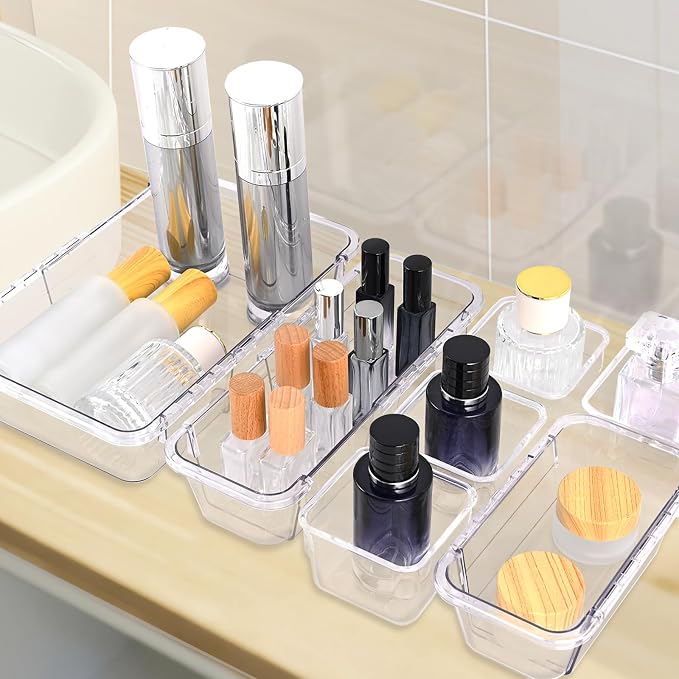 14 Pcs Adjustable Drawer Organizer, Clear Drawer Organizer Expendable | 3-Size Desk Drawer Organizer, Acrylic Storage Bins for Makeup, Cosmetic, Kitchen Utensils, Bedroom Dressers, Tool Organizer