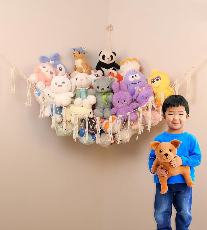 100% Cotton Handmade Stuffed Animal Storage Hammock, Large | Macrame Corner Toy Net, 6 inches Tassels, For Nursery Bedroom