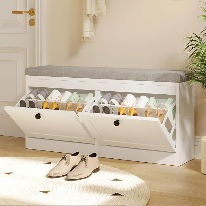 VOWNER Shoe Bench with 2 Flip Drawers, Shoe Organizer Storage Bench with Adjustable Shelves for Entryway, Hallway, Living Room (White)