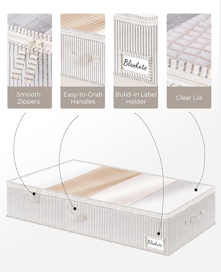 StorageWorks 7 Inch Low Profile Under Bed Storage Containers with Clear Lid | Reinforced Structure, Resists Sagging, Handles & Label Holder, Foldable Stackable Closet Storage for Clothes, Blankets, Toys