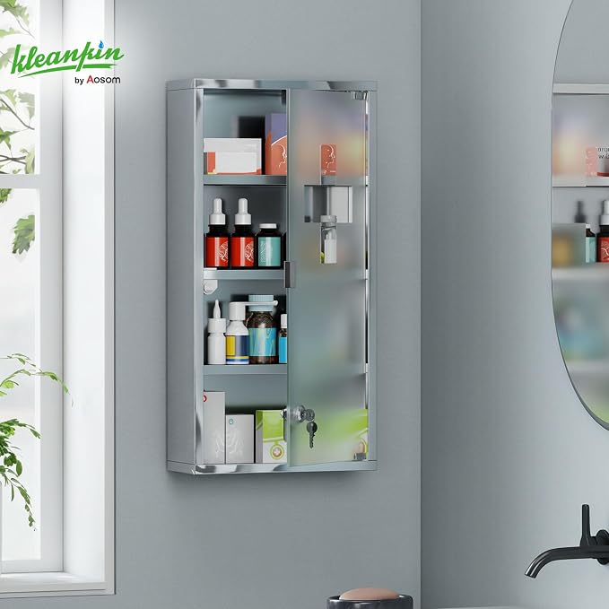 HOMCOM Wall Mounted Medicine Cabinet Lockable Wall Cabinet Silver 12" x 24" | 4 Tier Shelves, Stainless Steel Frame, Glass Door, 2 Keys