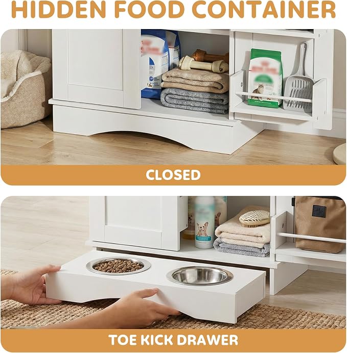 Dog Storage Cabinet with Bowls, Pet Food Storage Cabinet with Adjustable Shelves, Hidden Dog Feeding Station with Hooks, Letter Stickers, Pet Storage Organizer for Cats and Dogs