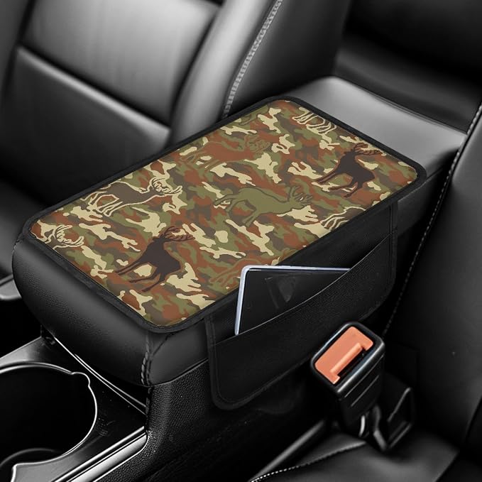 Howilath Auto Center Console Cover, Soft Armrest Pad with Pockets | Camo Deer Pattern Machine Washable, Comfortable Elbow Support, Universal Fit for Most Vehicles