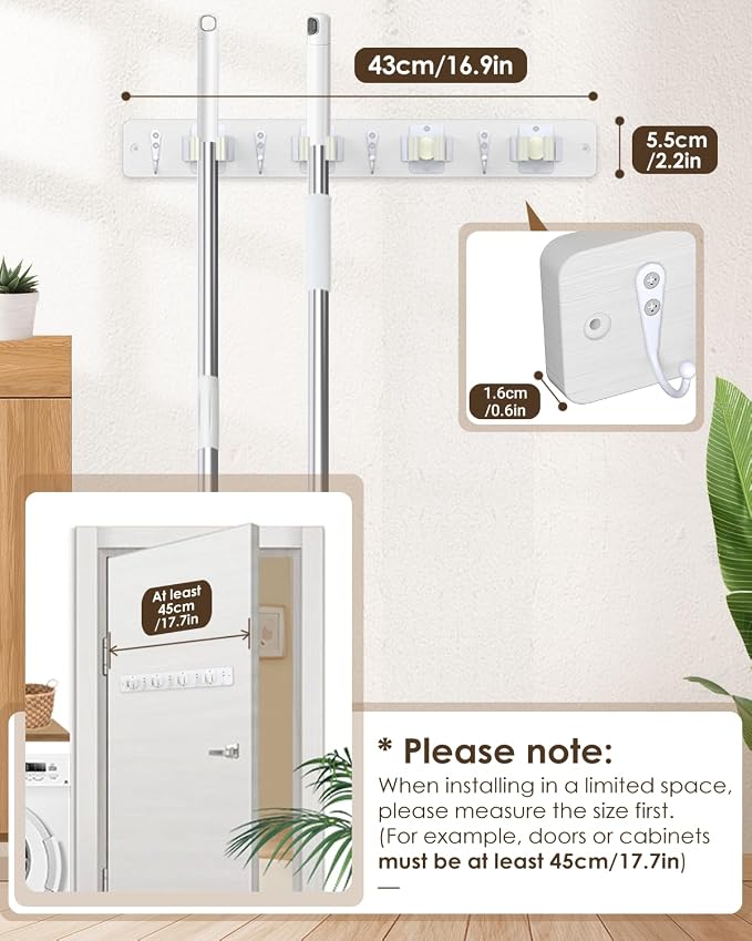 Broom Holder Wall Mounted, 2 Pack White 4 Holders and 4 Hooks Mop Holder, Wooden Mop and Broom Holder with Anti slip rubber, Natural pine wood Brush Holder, Mop Wall Holder with Nail installation | Mop Holder Wall Mount and Broom Hanger for Garage, Lau...