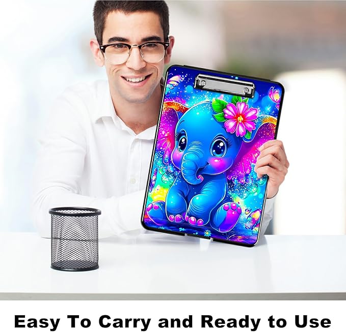 Blue Elephant Flowers A4 Clipboard with Storage Pen Holder, Clipboards Organizer Nursing Clipboard Foldable File Folder Plastic Clipboard Folio Clip Board for Office Students Classroom