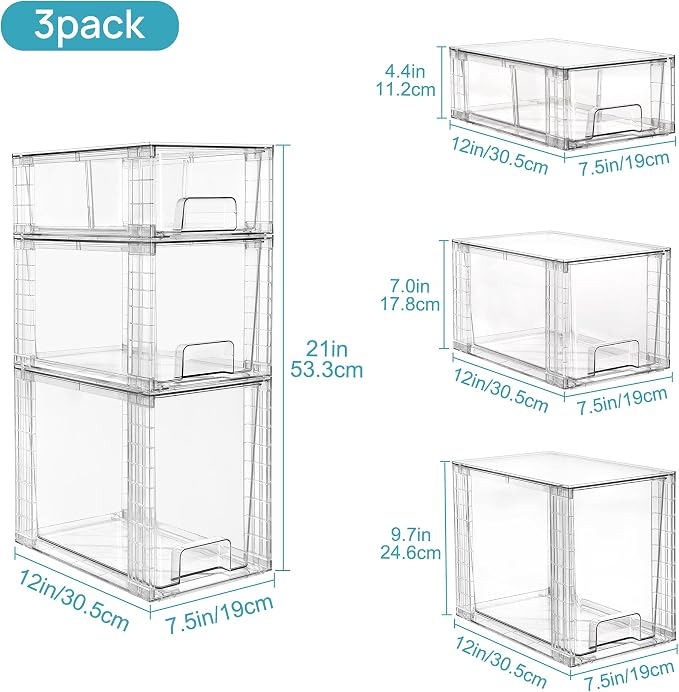 Vtopmart Clear Stackable Storage Drawers, 6 Pack Tall Organizer Set | Tall, Medium and Small Pull-Out PET Drawers with Stackable Design for Bathroom Under-Sink Storage and Vertical Organization