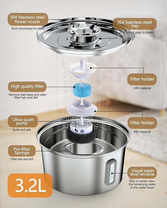 Cat Water Fountain,3.2L/108oz Cat Fountain with Water Level Window,Stainless Steel Pet Water Drinking Fountain for Cats Inside,Quiet Pump for Dogs and Cats(with Water Level Window)