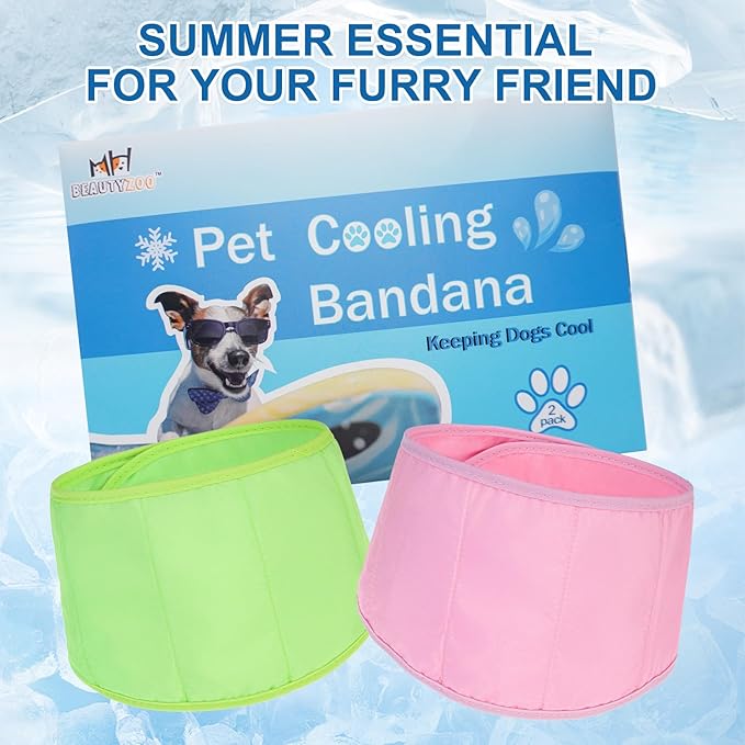 BEAUTYZOO Dog Cooling Bandana for Small Dogs, Instant Chill Out Ice Scarf Pet Bandanas, 2 Pack Adjustable Neck Wrap Cooler,Heat Relief Outdoor Camping Training,Green Pink L