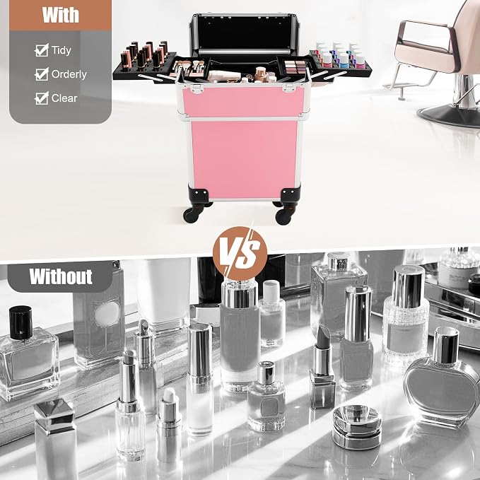 Rolling Makeup Train Case, Lockable Cosmetic Trolley with 2 Keys, Aluminum Cosmetic Case Rolling Makeup Trolley Case 4 Tray with Sliding Rail, Salon Barber Case Traveling Cart Trunk