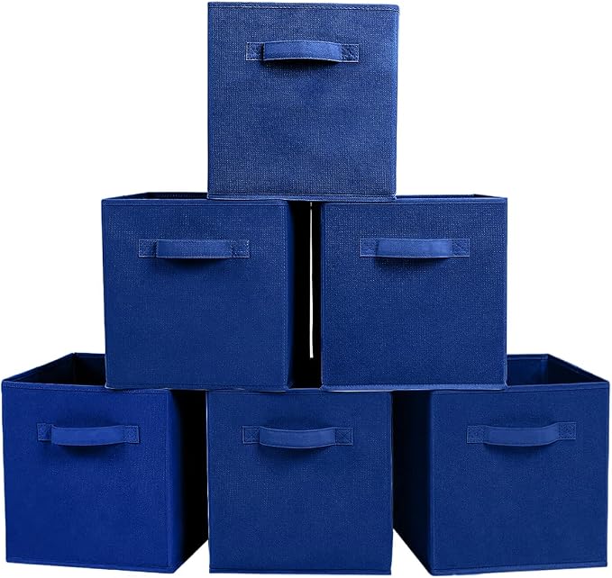 PowerKing Collapsible Storage Cubes, Farbic Storage Bins, Dark Blue, 6Pack | Sturdy, Lightweight, Easy Pull Handle, Closet & Shelf Organizer, Clothes and Toys Storage, 10.5'' x 11'' x 10.5''