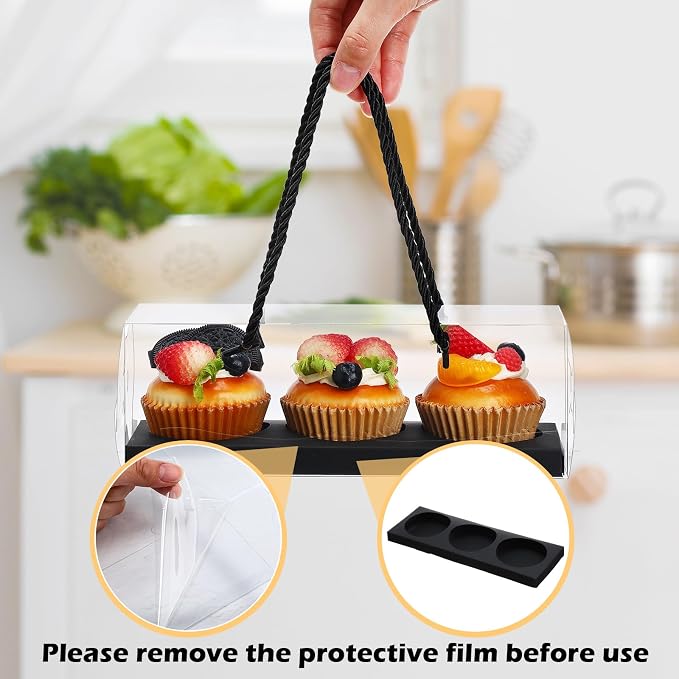 Thenshop 40 Pcs Clear Cupcake Boxes 9x3x3 in 3 Compartment Holder,Black | Transparent Holders with Handles, Individual Pastry Display for Wedding Graduation Party Favors Cookies Treats Gifts