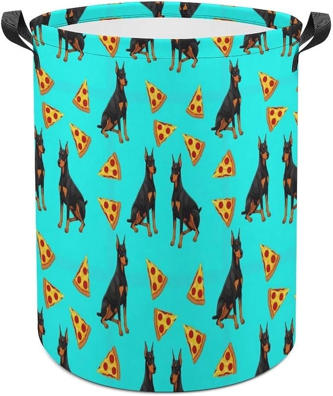 Foldable Clothes Hamper with Handles Doberman Pinscher Turquoise Pizza, Waterproof Laundry Basket for Bedroom, Bathroom, and Toy Storage Needs