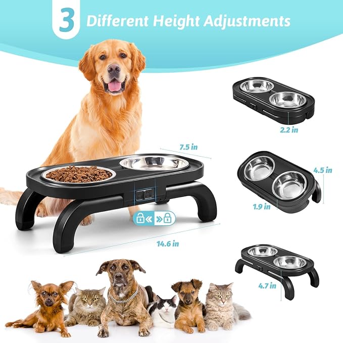 Elevated Dog Bowls, Heighth Adjustable Raised Dog Bowl Stand with Stainless Steel No Spill Water Bowl and Non-Slip Food Bowl, Metal Dog Feeding Station for Small and Medium Dogs & Cats, Black