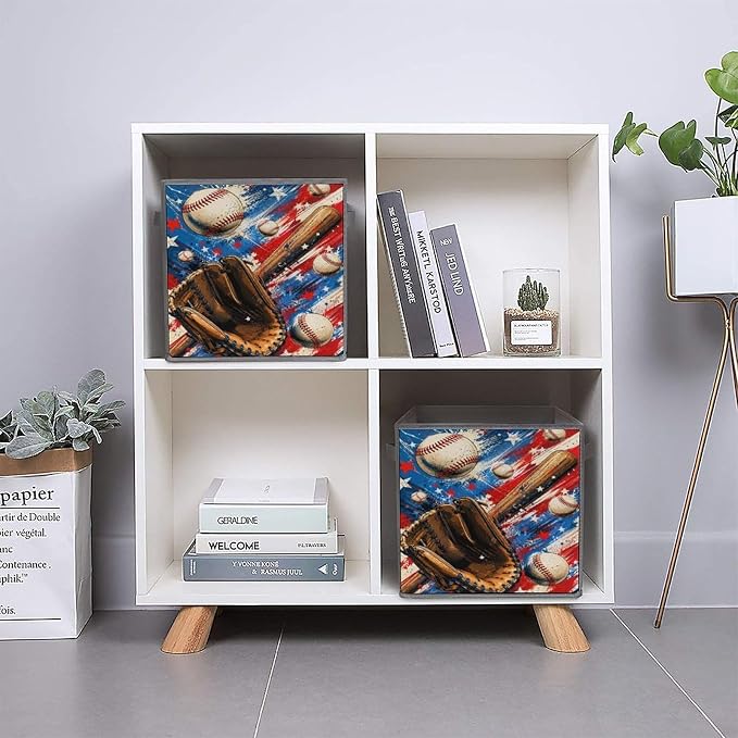 Baseball Glove Bat And Balls Storage Bin with Handles, Oxford Fabric Foldable Storage Cube Organizer for Clothes, Towels, Bedroom, Living Room, Home Organization