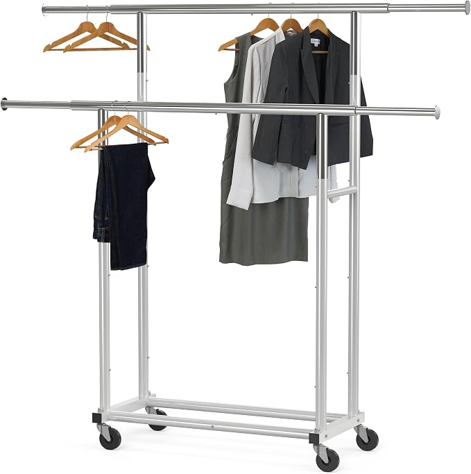 Simple Houseware Standard Double Rods Clothing Garment Hanging Rack, Silver | Extendable Width from 30.5 to 48 Inches