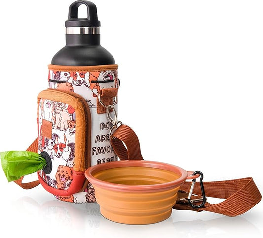 Made Easy Kit Water Bottle Carrier with Pocket for Dog Poop Waste Bags and Adjustable Padded Shoulder Strap (Large (32oz) with Bowl, Dog Lover, Brown)