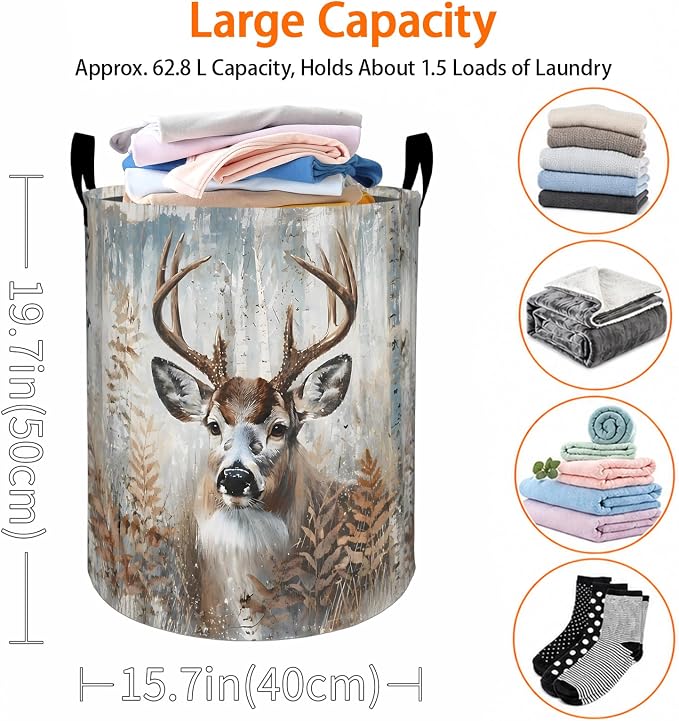 Rustic Deer Laundry Basket, Autumn Forest Birch Tree Oxford Cloth Dirty Clothes Collapsible Hamper for Room Decor, Watercolor Gifts, Toy Organizer 19.7 x 15.7 Inches for Bedroom Bathroom Dorm