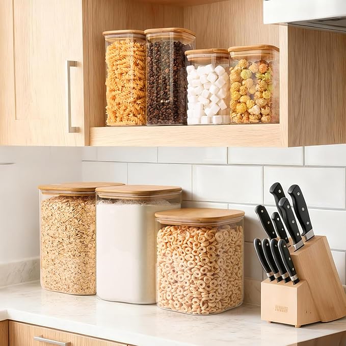 Glass Flour Containers with Bamboo Lids 1.6/4.6 Qt 2 Pack | Wide Mouth, Scoop Included, Kitchen Organizer，Flour Sugar Coffee Beans Pasta Cereal Dry Food Storage