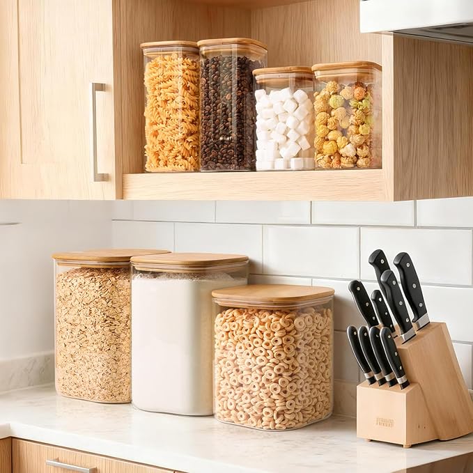 Glass Flour Containers with Lids 1 Gallon 2 Pack Pantry Organization | Wide Mouth, Scoop Included, Flour Sugar Coffee Beans Pasta Cereal Dry Food Storage,Large Capacity,Kitchen Organizer
