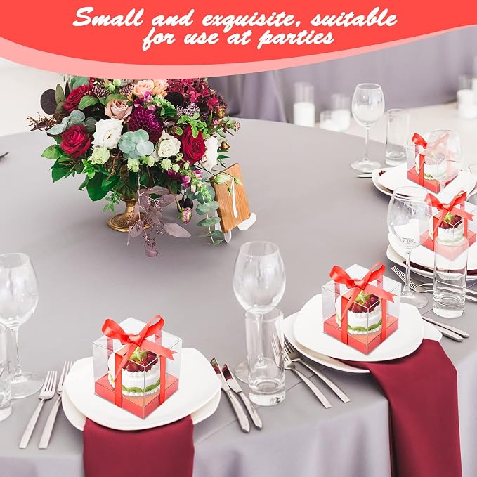 12 PCS Clear Cupcake Boxes 3.5 Inch Cupcake Containers (Red) | Disposable Cupcake Carrier Plastic Individual Cupcake Storage Holder with Ribbons and Inserts for Wedding, Birthday Party