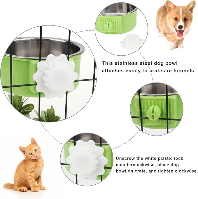 Crate Dog Bowl,Removable Stainless Steel Kennel Water Hanging Food & Water Feeder Crate Water Bowl No Spill for Puppy,Cat,Rabbit,Guinea Pig (Blue+Green)