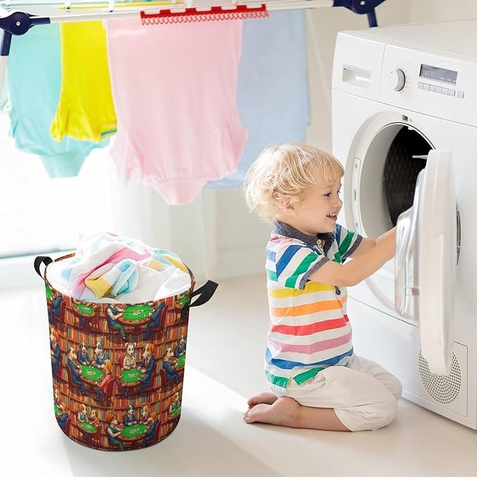 Foldable Laundry Organizer with Handles Dogs Playing Poker Cards Library, Waterproof Hamper Basket for Clothes, Toys, and Bedroom Storage Solutions