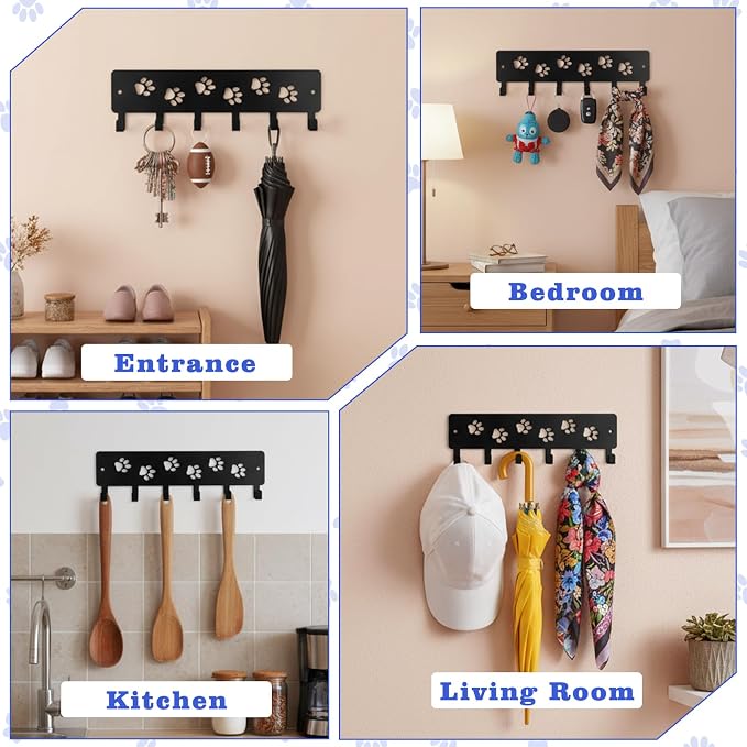 Key Holder Wall Mount & Dog Leash Holder for Wall, Metal Key Rack with 6 Hooks Decorative Animal Storage Rack Adhesive for Entrance Living Room Kitchen Dog Paws Design WallOrganizer