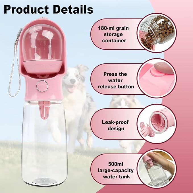 Pink Large Portable Dog Water Bottle with Food Container | Travel Dog Water Bowl(500ml),Food Container(180ml),Leak-Proof,2-in-1 Pet Essential Outdoor Supplies for Walks Hikes Campsites