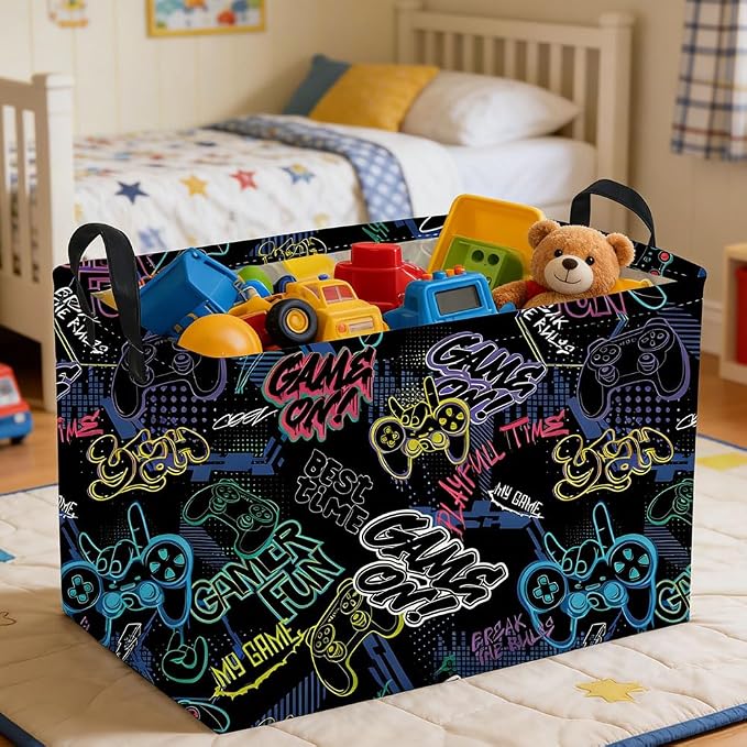 Rectangular Kids Baskets,Waterproof Foldable Storage Basket with Handles,Games Basket,Boys Room DecorGame Storage Bin,Shelf Baskets(Cool Game)