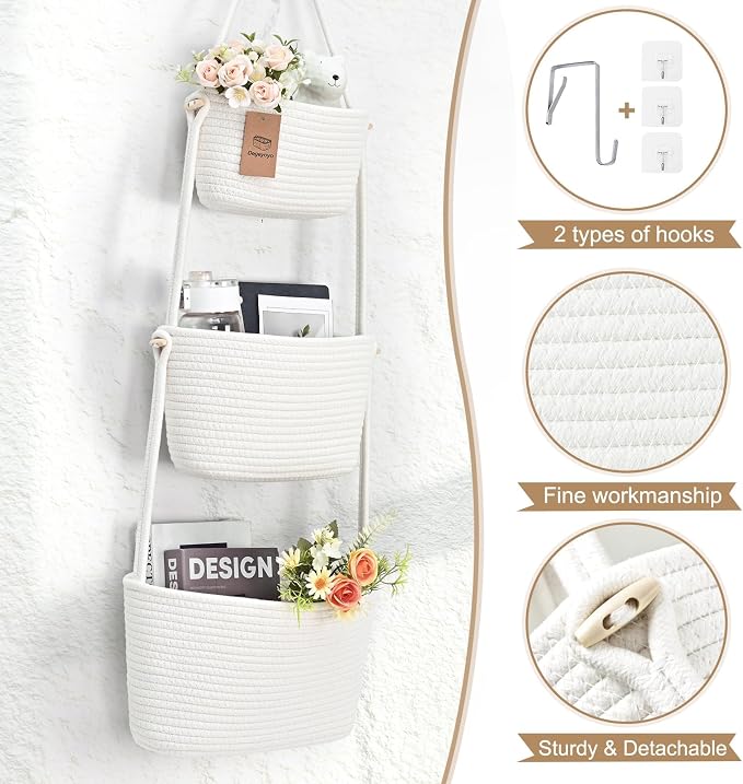 Hanging Basket, 3-Tier Woven Wall Basket with 4 Hooks, Cotton Rope Storage Baskets, Over the Door Organizer for Nursery, Bedroom, Cottage and Boho Wall Decor