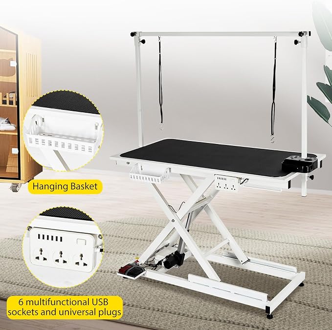 50" Electric Dog Grooming Table for Home, Heavy Duty Height Adjustable Pet Wash Station with Arm, Portable Non-Slip Tabletop, Tool Organizer & USB Outlet, Supports 300lbs for All Pets