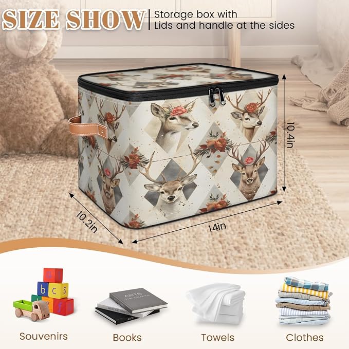 Deer Flower Storage Box with Zipper Lid