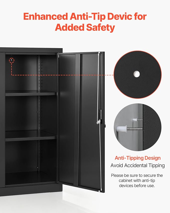 VEVOR Metal Storage Cabinet, 41.7 in Steel Garage Cabinet with 2 Adjustable Shelves, 2 Magnetic Doors & 2 Keys, 3 Tiers Lockable Tool Storage for Pantry, Warehouse, Basement, Office, Black