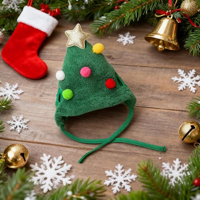 Christmas Tree Headwear Hat for Pet, Decorations Star Pompoms Christmas Cat Dog Headwear Photo Props (Small)