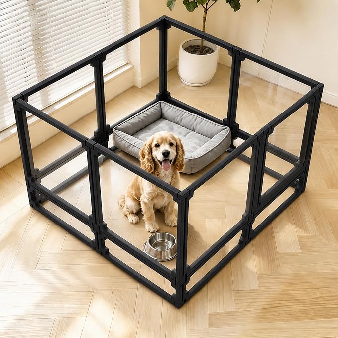 Dog Playpen, Expandable & Stackable Acrylic Dog Play Pen, FlexiSpace Adjustable Clear Dog Enclosure Indoors, Transparent Dog Fence for Dogs Cats Rabbits Small Animals (Black, 34", 8 Panels)