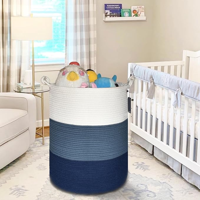 COMSE Tall Woven Blanket & Laundry Basket, 72L, White & Blue | 15.7”x 21.7”, Cotton Rope, Large Nursery Hamper for Storage of Toys Clothes Towels, Great for Living Rooms Bedrooms Bathrooms