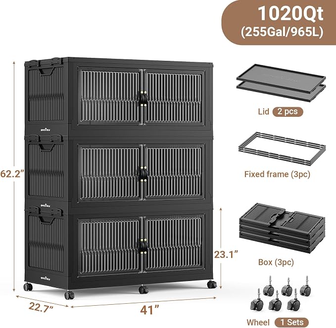 BROVIEW 1020QT Extra Large Stackable Storage Bins with Lids, 3Pack Black | 255Gal Plastic Collapsible Cabinets Containers, Wheels & PET Doors, Foldable Closet Organizers Drawers for Office, Dorm