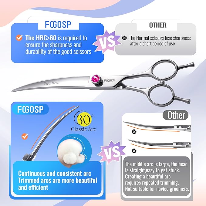 Curved Scissors for Dog Grooming 7 inch 30°Downward Professional Curved Shears Dog Grooming for Poodle Pet Cat Face Japan 440C Stainless Steel Right Handed Super Sharp(7.0'',Curved)