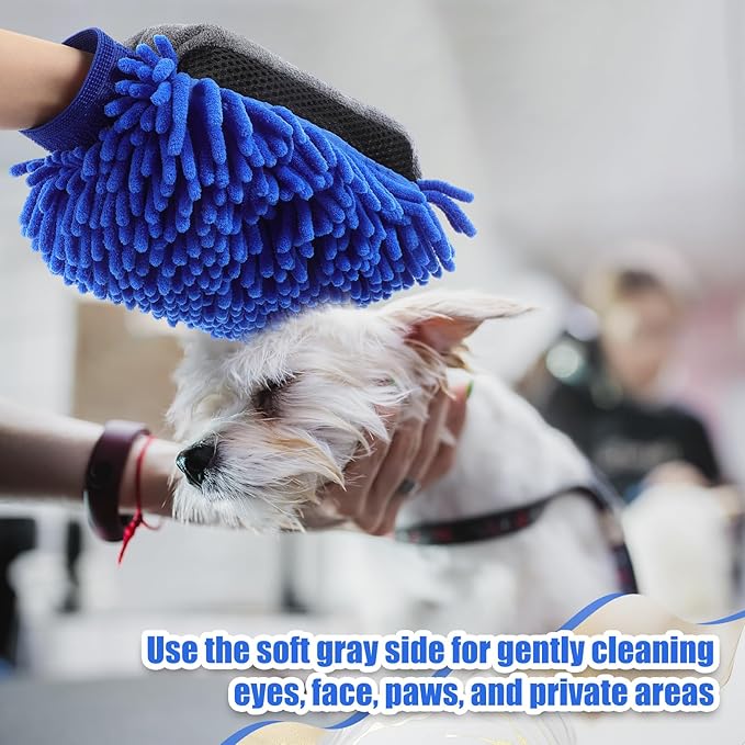 Teenyyou 2 Pcs Dog Towel Mitt Dry Bath Gloves Chenille Microfiber Paws Clean Pet Hair Washing Gloves Dog Grooming Mitts Bath Supplies for Cats Rabbits Horses Suitable for Long/Short/Poodle Fur(Blue)