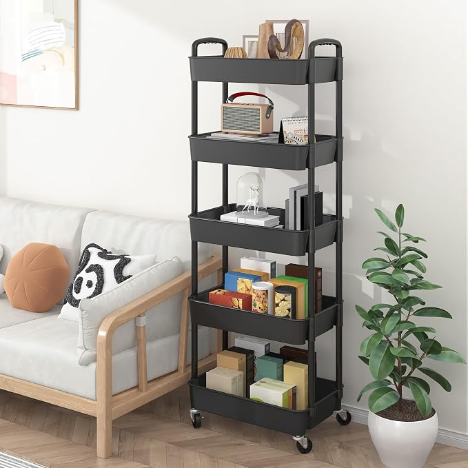 Sywhitta 5-Tier Plastic Rolling Utility Cart with Wheels,Black | Multi-Functional Storage Trolley, for Office, Living Room, Kitchen, Bathroom,Movable Organizer,Space-Saving,Easy to assemble