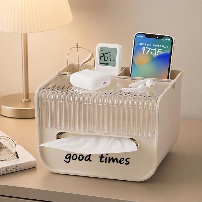 Tissue Box Cover with Storage Tray, Decorative Remote Organizer for Nightstand Bedroom Office Desk