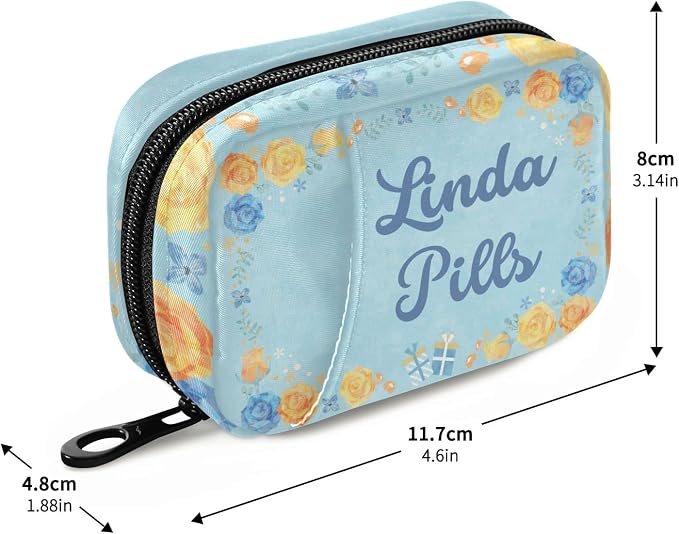 Custom Pill Box 7 Day Pill Case Bag Blue Yellow Flower Personalized Name Travel Pill Organizer Bag with Zipper Portable Weekly Case Compact Size for Vitamin Supplement Holder