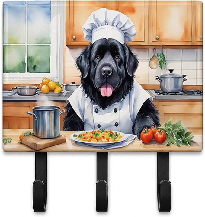 Caroline's Treasures Newfoundland The Chef Leash or Key Holder Wall Hooks, Key Hooks Holder, Coat Rack Wall Mount, Coat Hooks, Hooks for Hanging Keys, Towels, Aprons, Leashes | Newfoundland The Chef artwork on ceramic tile with three steel hooks for ke...